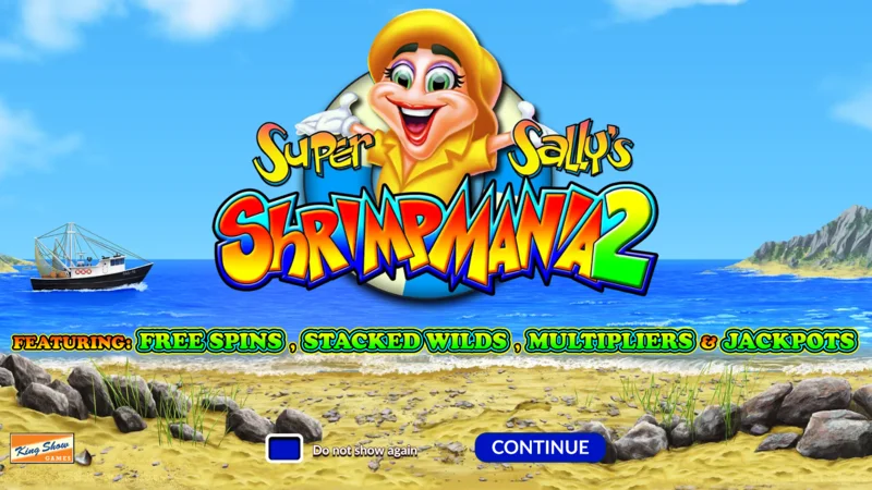 Super Sally's Shrimpmania 2 - Schermata principale con rulli 5x4 e griglia a 40 linee di pagamento